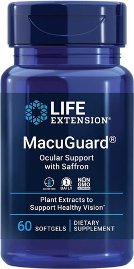 Life Extension, Добавка для поддержки зрения с лютеином, зеаксантином и шафраном, MacuGuard Ocular Support with Saffron, 60 капсул