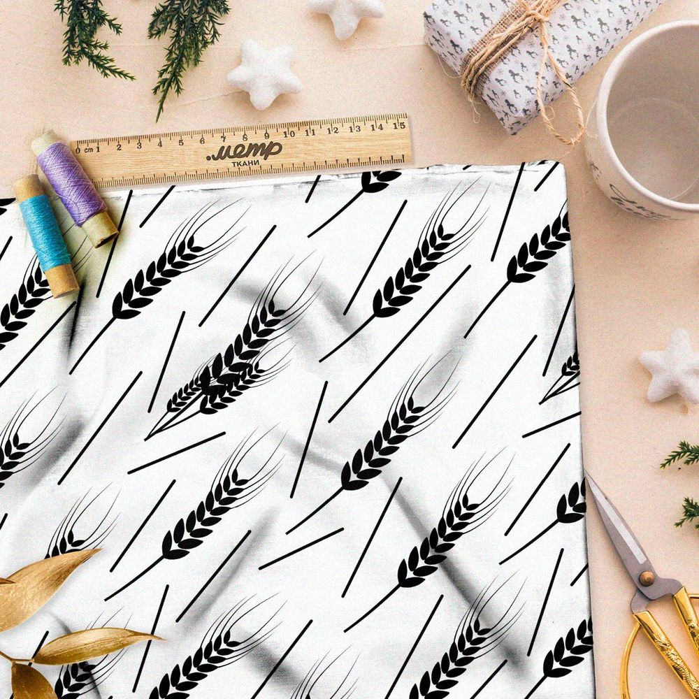 Ткань премиум шифон черные колосья на белом