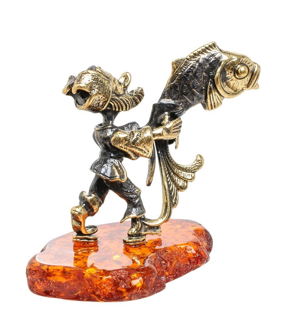 Народные промыслы AM-1378 Фигурка «Рыбак с рыбой» (латунь, янтарь)