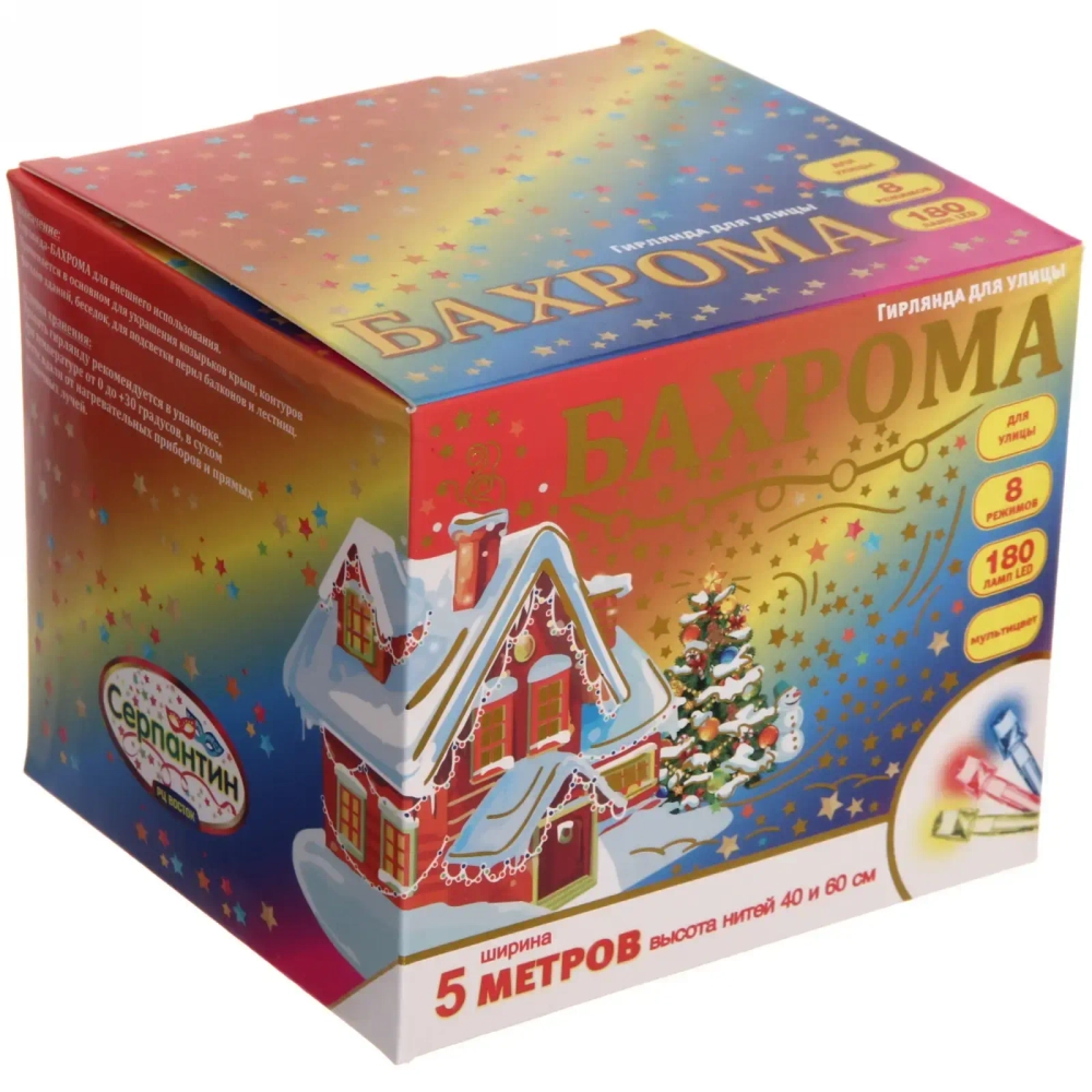 Гирлянда для улицы БАХРОМА ш5м* в40/60см 180 ламп LED, прозр. пров, 8 реж, IP-54, Мультицвет (возможность соединения)