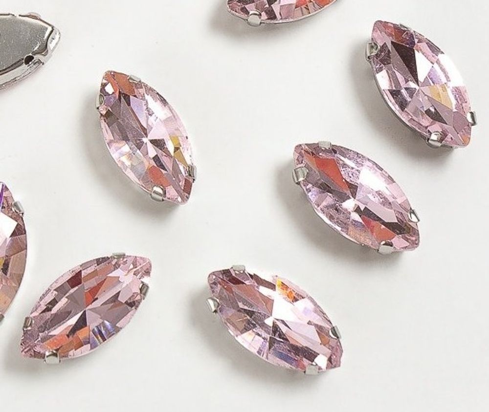 Стразы пришивные стекло в оправе, р. 18х9 мм, светло-розовый