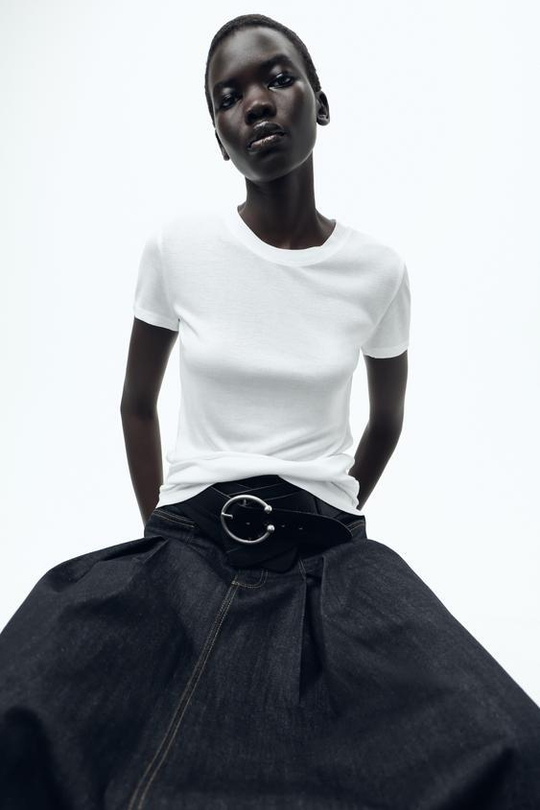 ZARA ФУТБОЛКА ИЗ ВИСКОЗЫ В РУБЧИК, БЕЛЫЙ