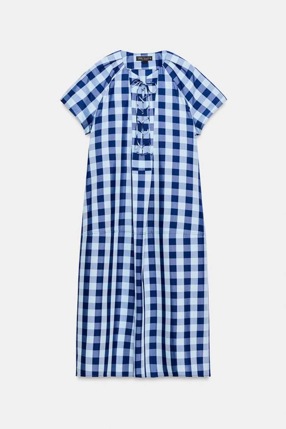 ZARA ПЛАТЬЕ В КЛЕТКУ С ЗАВЯЗКАМИ — ZW COLLECTION, СИНИЙ