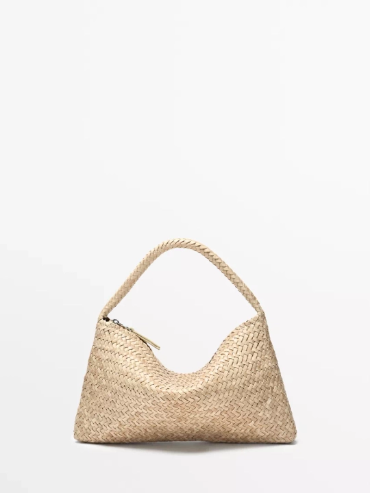 Massimo Dutti Маленькая плетеная кожаная сумка через плечо, кремовый