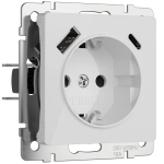 Розетка с заземлением, шторками и USB тип A+C (белый акрил) W1171741