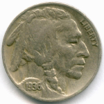5 центов 1936 год (без знака - Philadelphia). США. Индеец с бизоном. Медно-никель VF