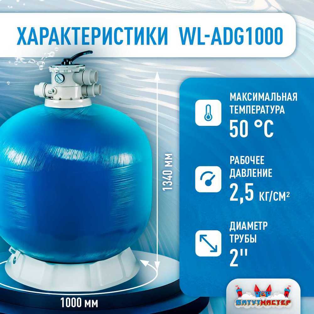 Песочный фильтр WL-ADG1000 для бассейна до 280 м³, до 600 кг песка, до 35000 л/ч