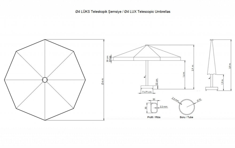 Зонт профессиональный Ø4 м Theumbrela Semsiye Evi Lux Telescopic