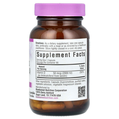 Bluebonnet Nutrition, витамин D3, 50 мкг (2000 МЕ), 90 растительных капсул
