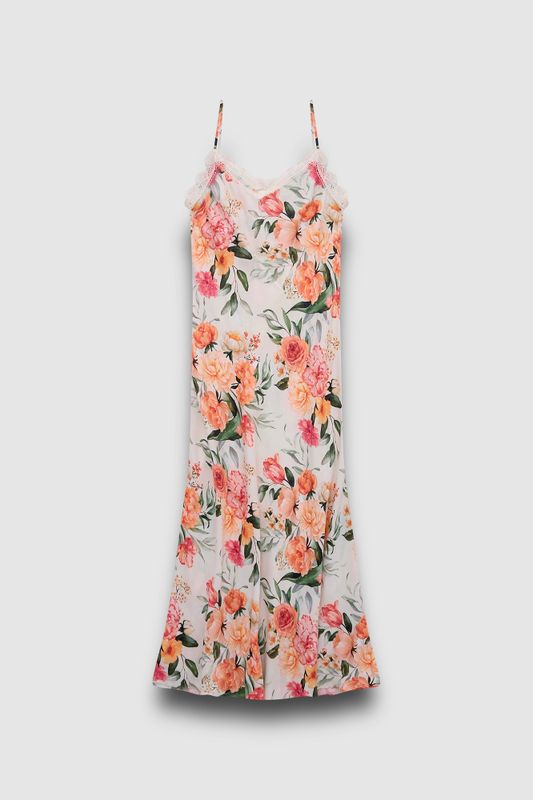 Платье-комбинация на тонких бретелях с отделкой кружевом, цветочный принт