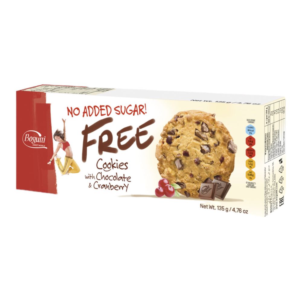 Печенье с шоколадной крошкой и клюквой без сахара, 135г (Bogutti)