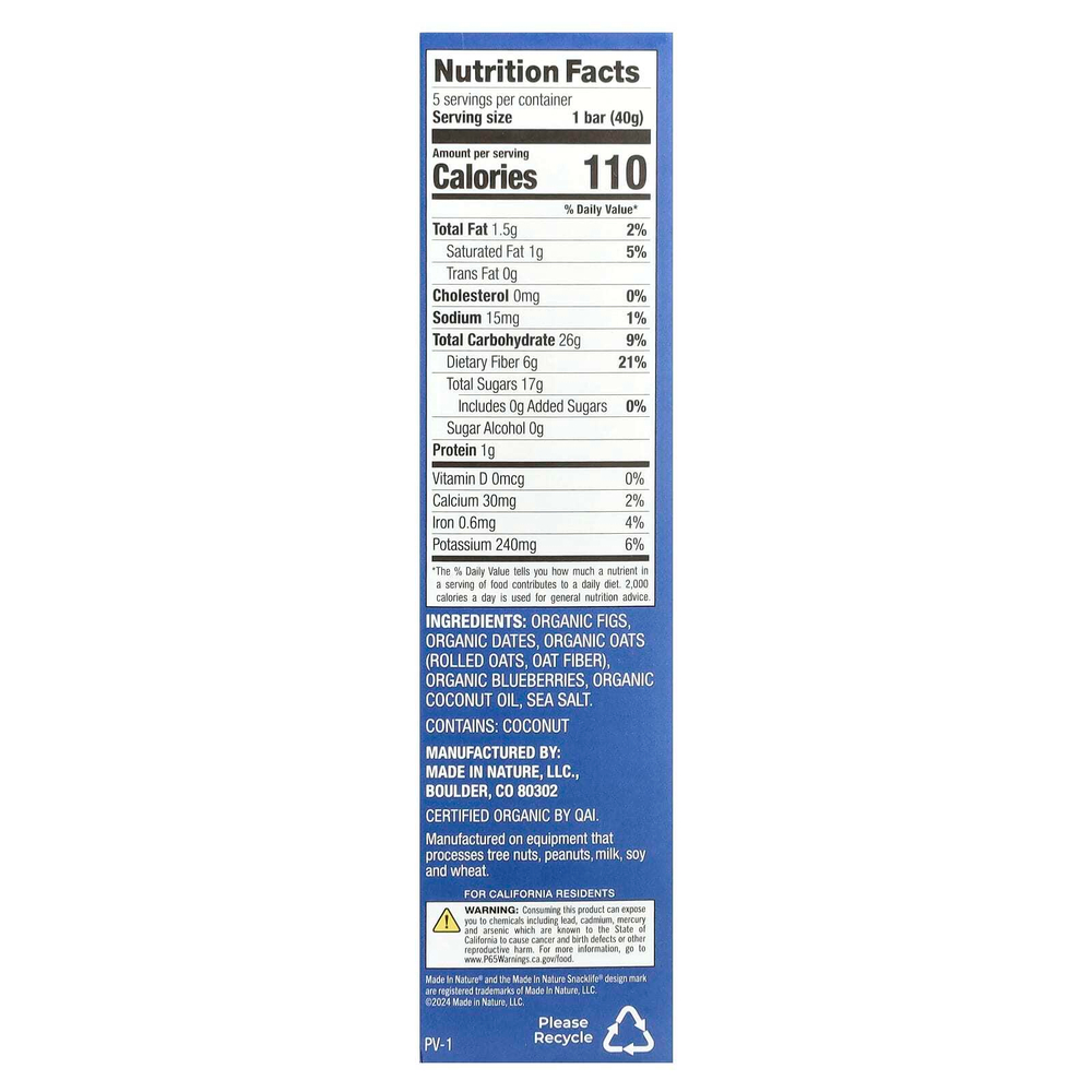 Made in Nature, Fig 'N' Oats®, голубика, 5 батончиков в индивидуальной упаковке, 40 г (1,4 унции) каждый