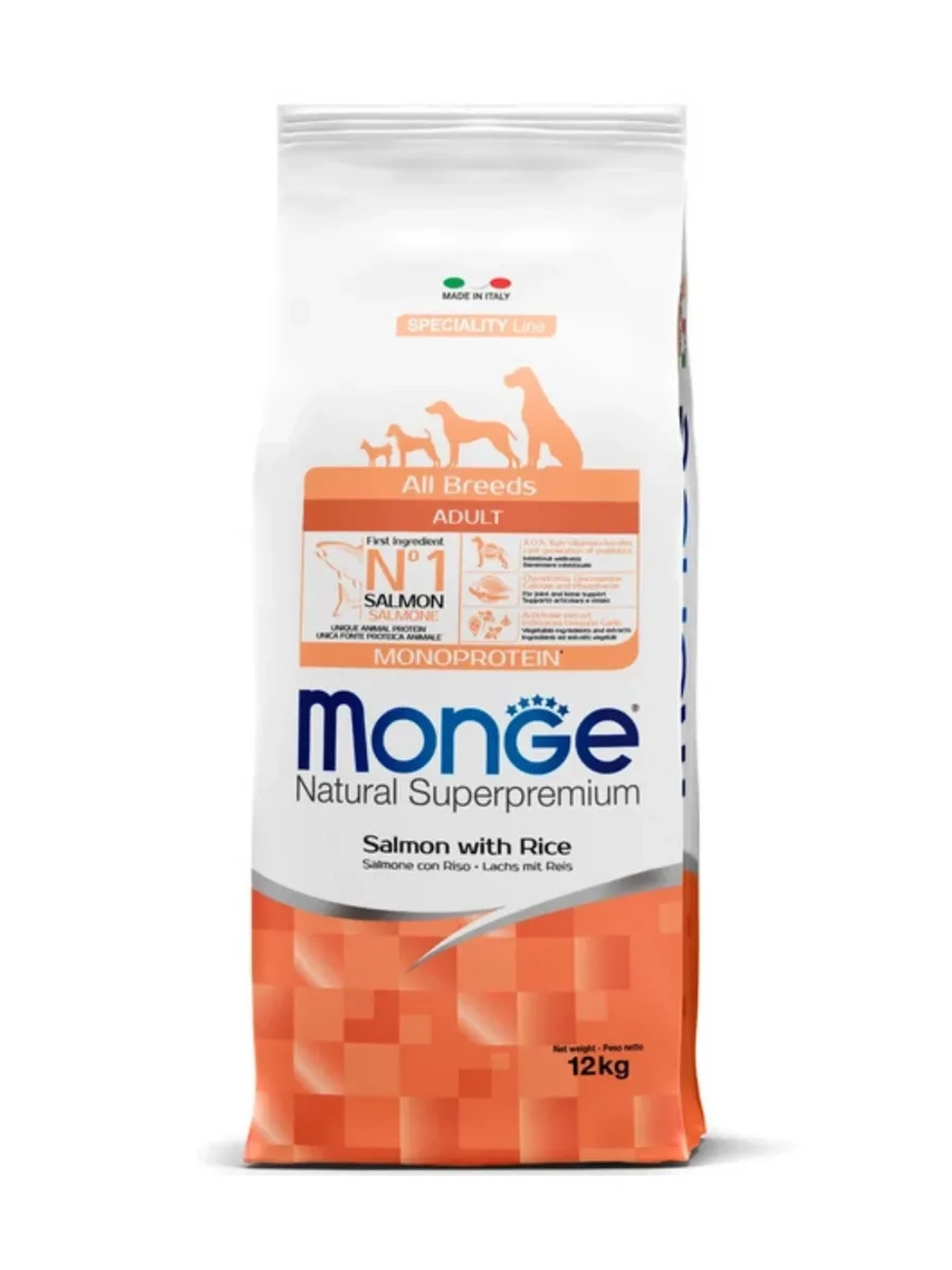 Сухой корм Monge Dog Speciality Line Monoprotein (Монж) для взрослых собак всех пород из лосося с рисом 12 кг