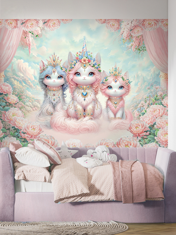 Детские фотообои котята-единороги и цветы