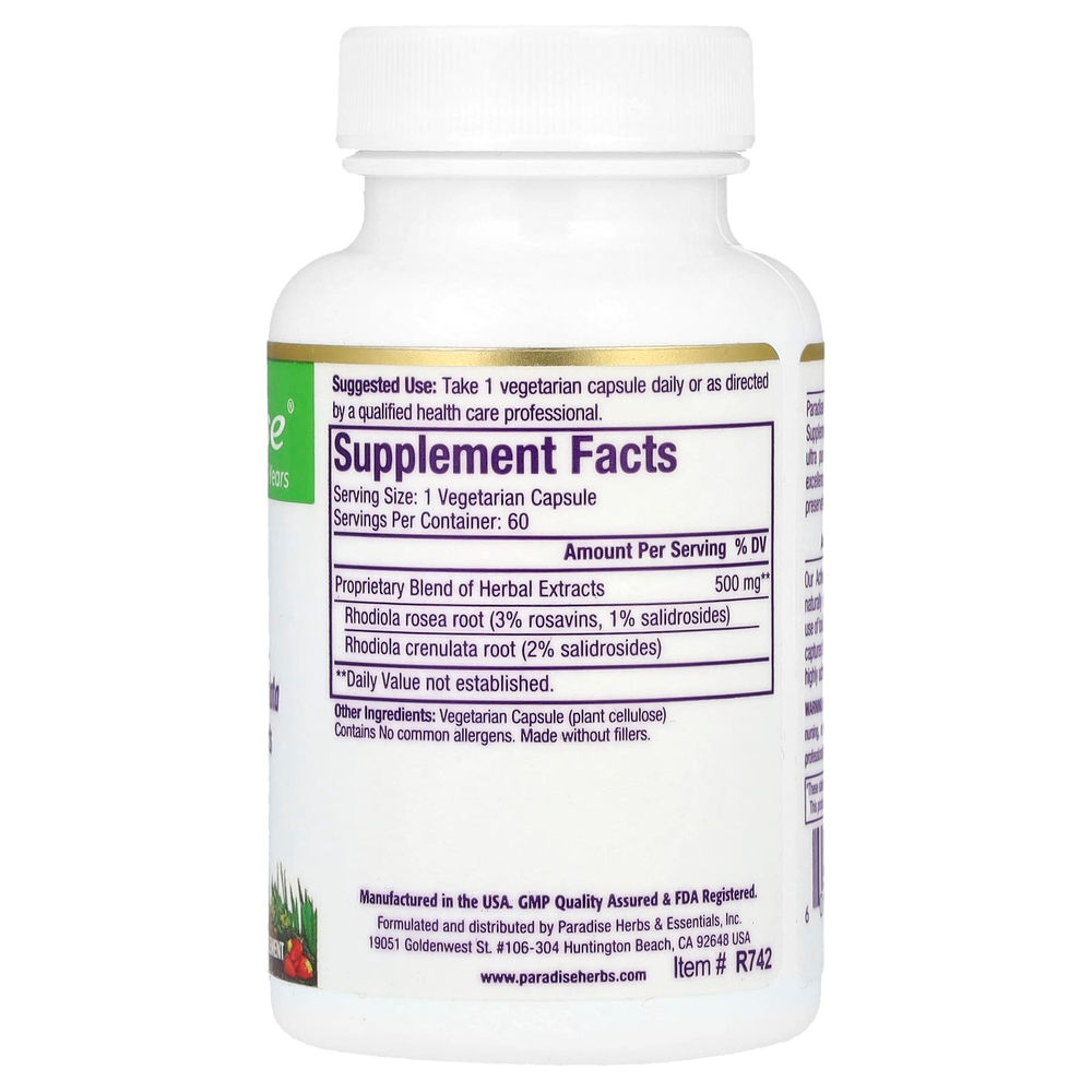 Paradise Herbs, Родиола, 60 вегетарианских капсул (500 мг на капсулу)
