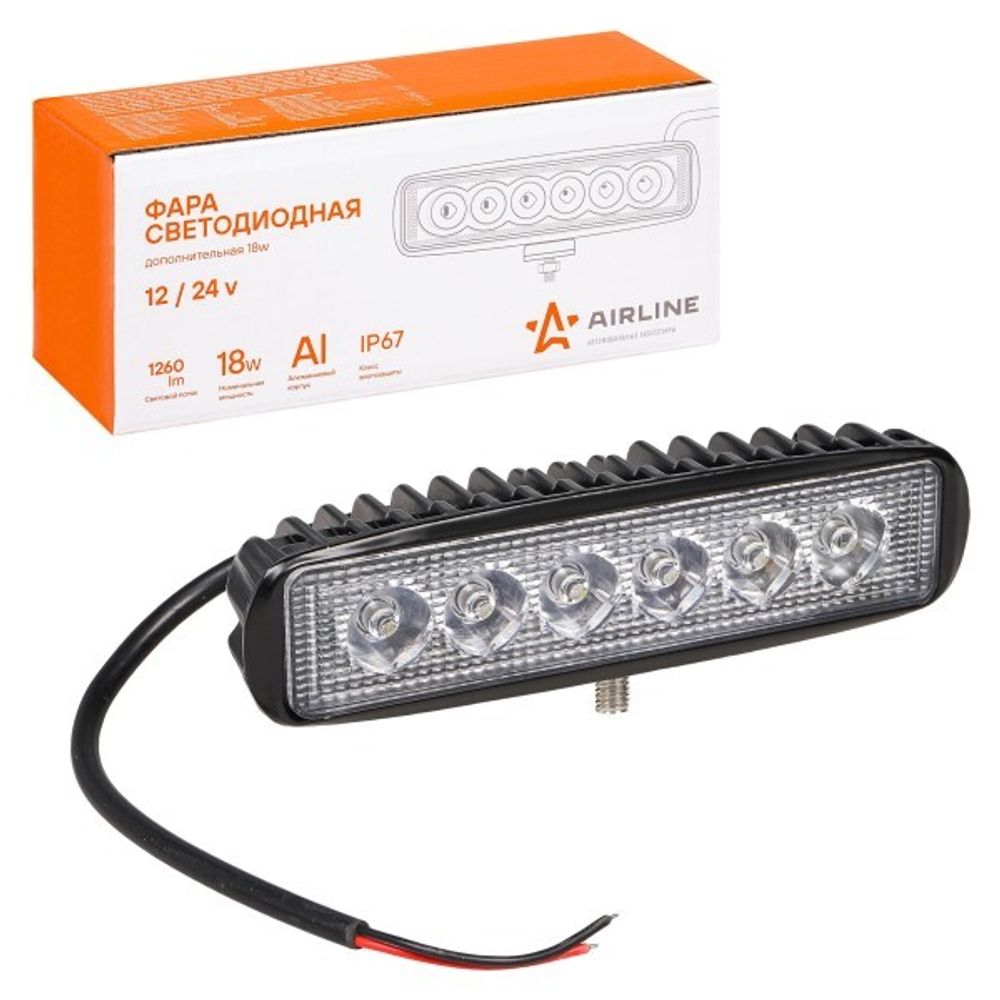 Фара светодиодная дополнительная 6 LED 18W 12-24V (прямоугольная) 157*42*40 направленный свет (AIRLINE)