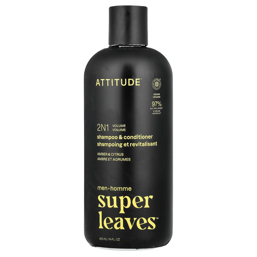 ATTITUDE, Super Leaves™, шампунь и кондиционер для придания объема 2N1, для мужчин, янтарь и цитрус, 415 мл (14 жидк. унций)