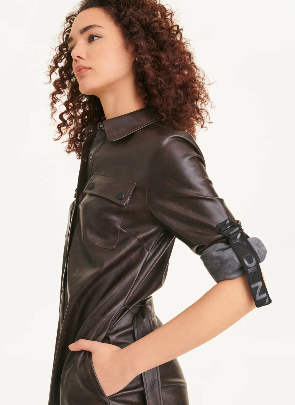 Женское платье DKNY Faux Leather Long Sleeve Midi
