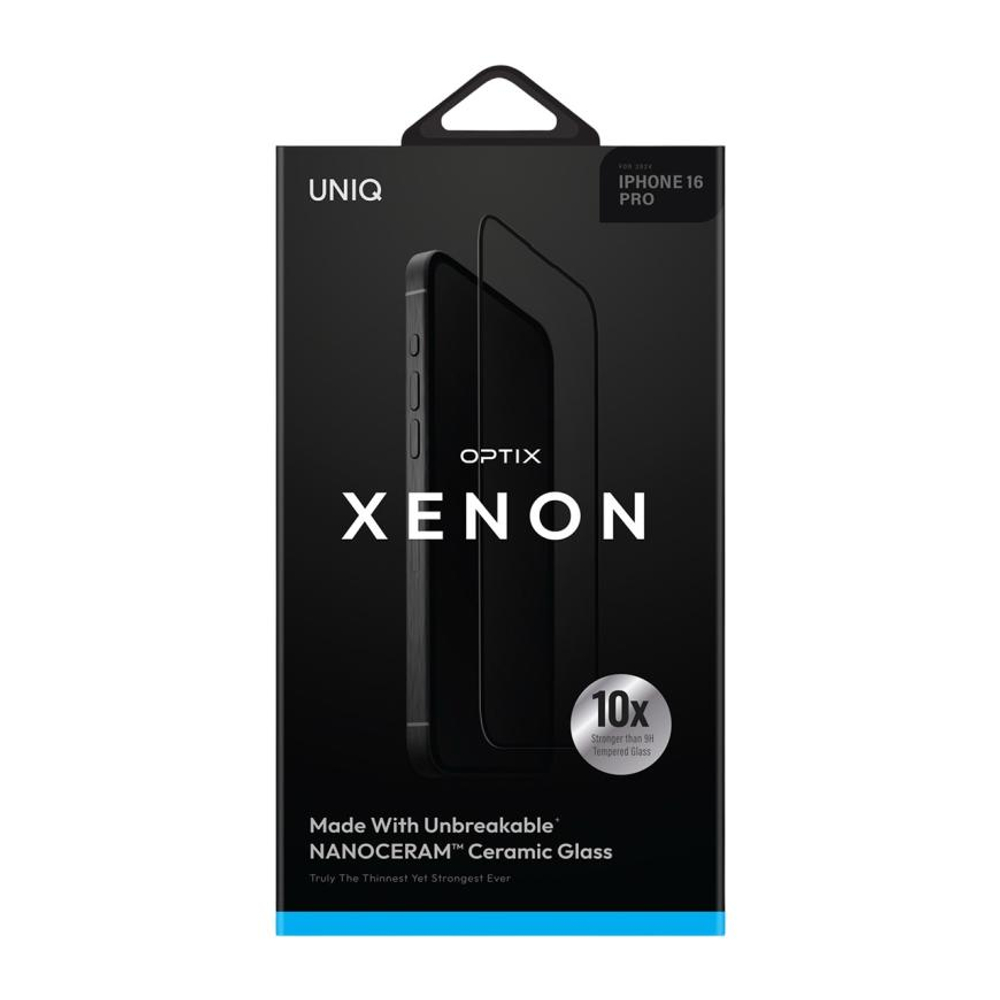 Глянцевое защитное стекло с керамическим покрытием Uniq Optix Xenon для iPhone 16 Pro Защитное стекло с рамкой. Кромка — 2.85D, толщина — 0,3 мм, твёрдость (по шкале Мооса) — 6. Есть олеофобное покрытие. В комплекте есть рамка для упрощения установки