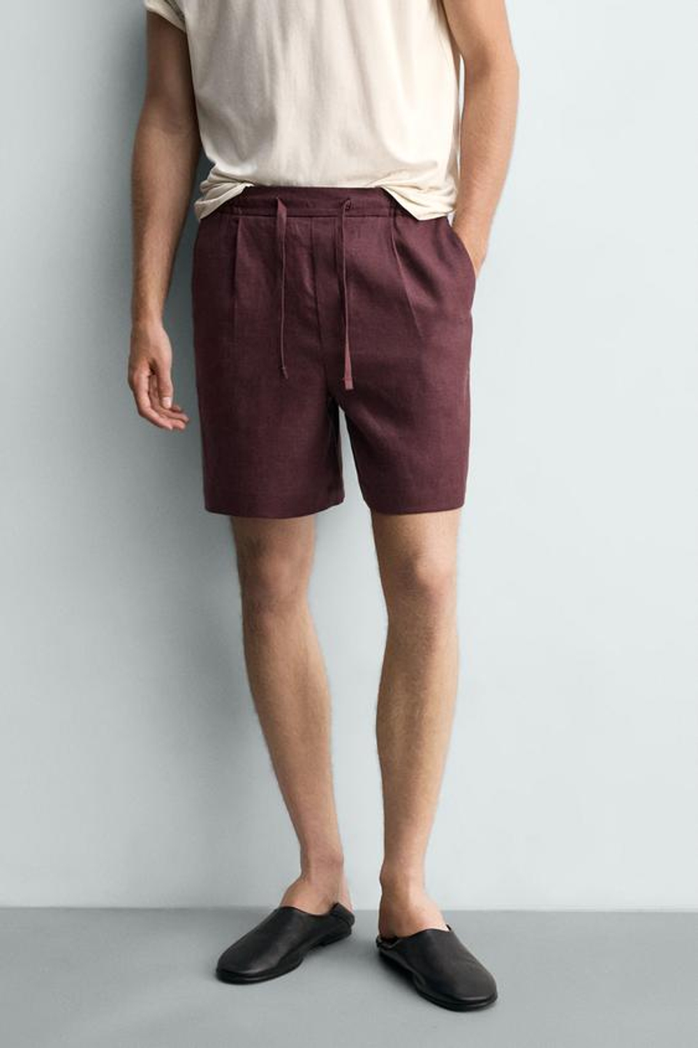 ZARA ШОРТЫ RELAXED FIT ИЗ 100% ЛЬНА, БОРДОВЫЙ