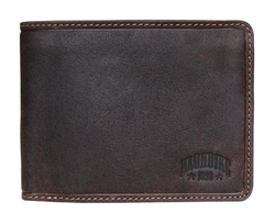 Качественный мужской бумажник тёмно-коричневый из натуральной кожи с 8 отделениями для кредитных карт, 3 боковыми отделениями, 2 отделениями для купюр, 1 отделением полузакрытого типа, 1 отделением для монет KLONDIKE «Peter»