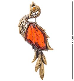 AM-3510 Брошь «Цапля» (латунь, янтарь)