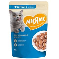 Влажный корм для кошек Мнямс Кусочки в соусе с форелью для красивой шерсти, Пауч 85 г