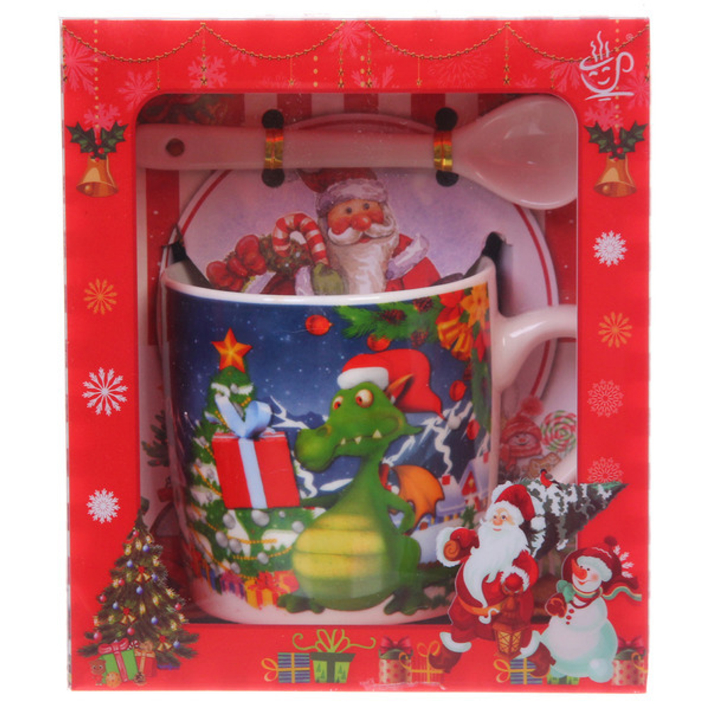 Кружка керамическая 200мл «Дракончик с подарком» с ложкой в подарочной коробке