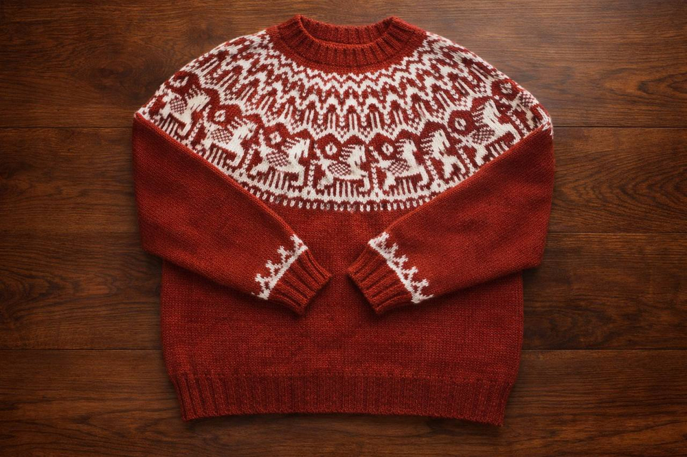 Описание по вязанию пуловера спицами "Horses"