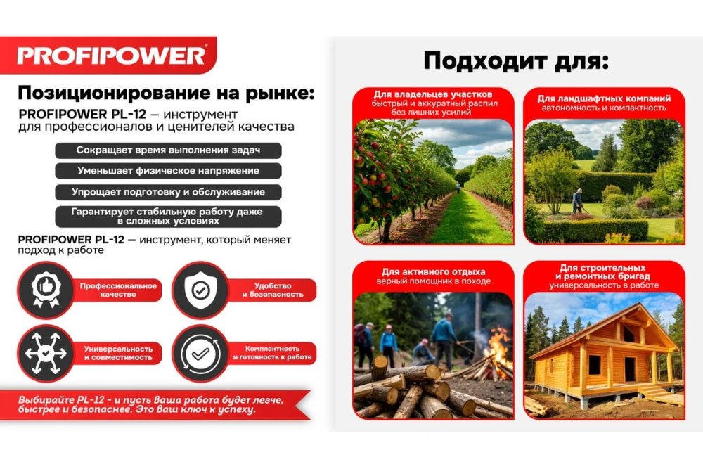 Аккумуляторная бесщеточная цепная пила PROFIPOWER PL-12 с штангой телескопической (20В,12", Li-ion-2шт, 4.0Ач, 0-5800 об/мин,З/У, в коробке) (E0285)