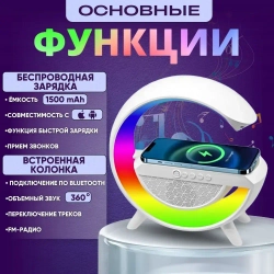 Умный ночник 4в1: Bluetooth колонка, RGB-подсветка, беспроводная зарядка, будильник лампа для спальни, подарок