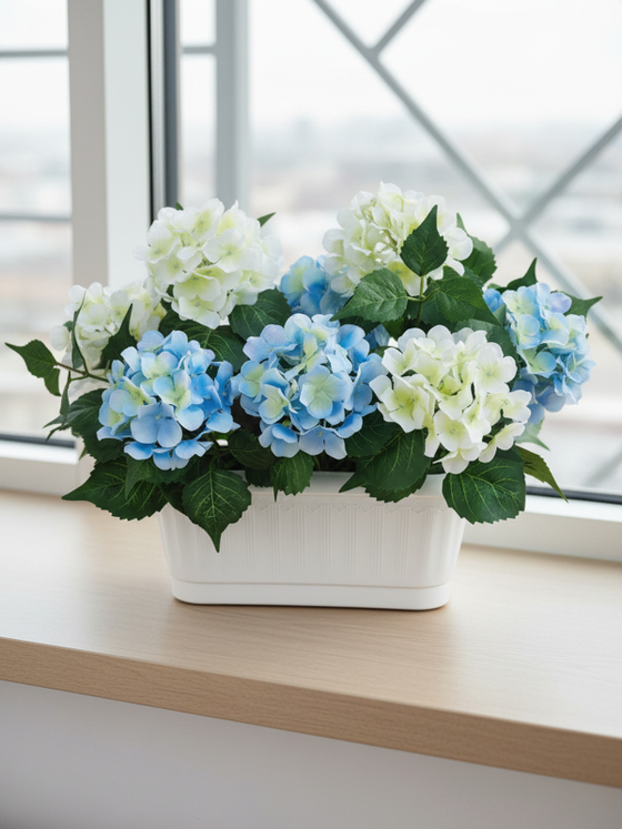 Искусственные цветы Гортензия бело-голубая 40см в балконном ящике