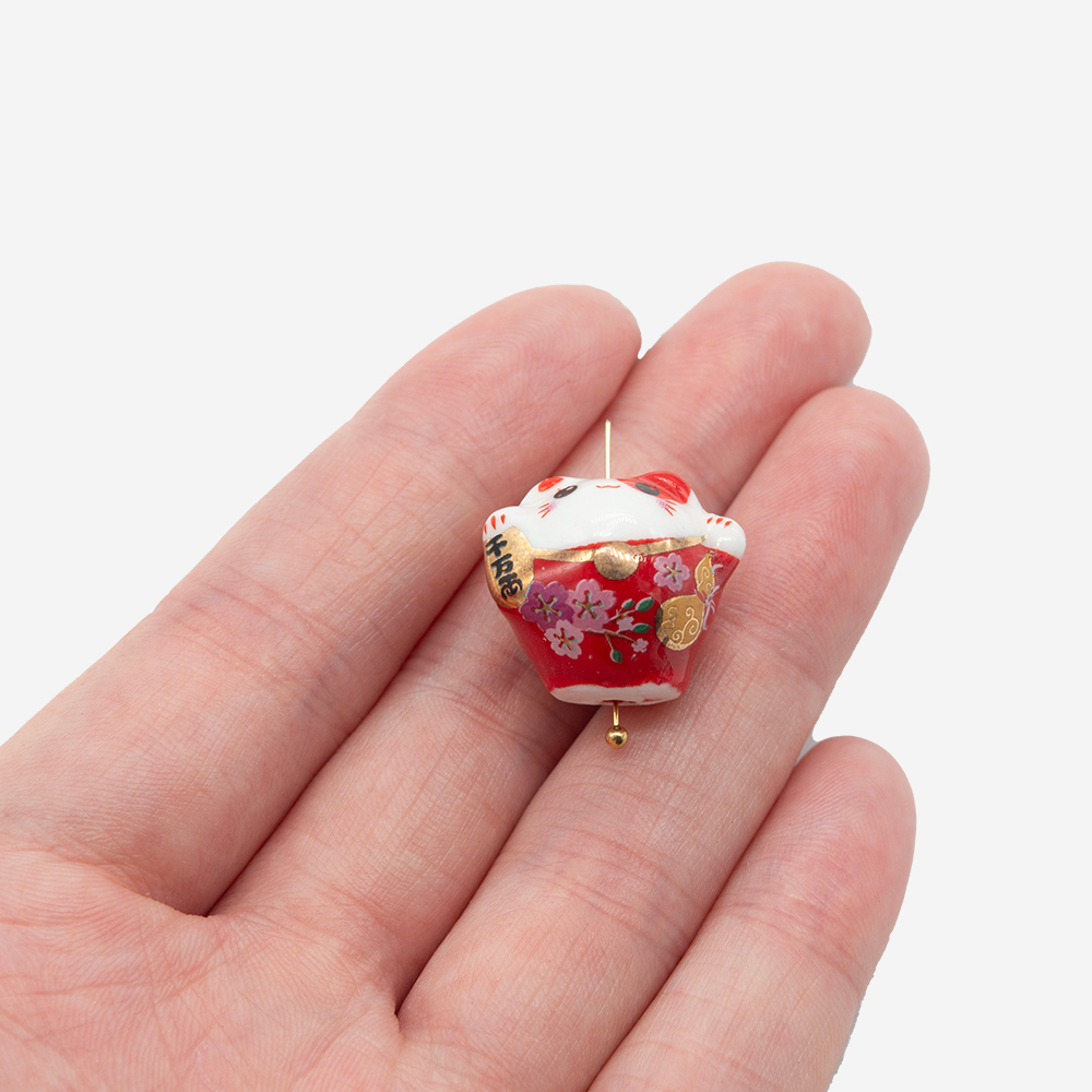 Бусина "Манэки-Нэко", 17,3*19мм, красная, глазурированный фарфор