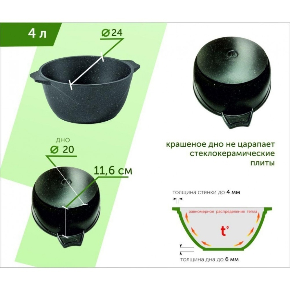 Кастрюля алюм, антиприг, 4 л, с крыш, крыш стекло, Мечта, Гранит black Induction Pro, 44802И, индукц