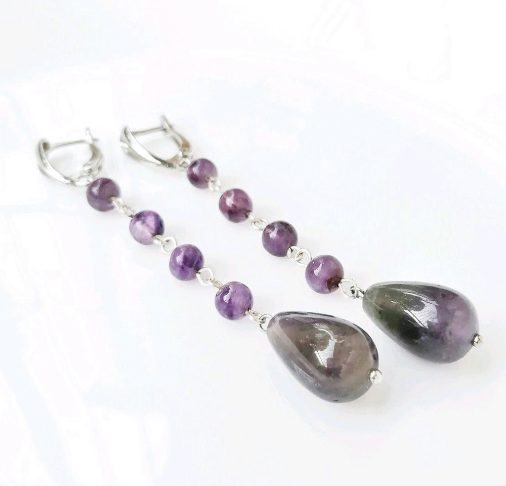 Длинные серьги капли с аметистом
