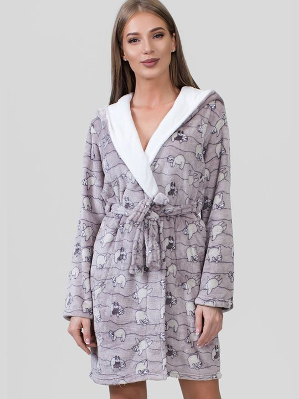 Уютный халатик с ленивцами (Размер: L) (Цвет: бежевый)