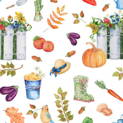 Watercolor seamless pattern of an autumn garden on a white background.