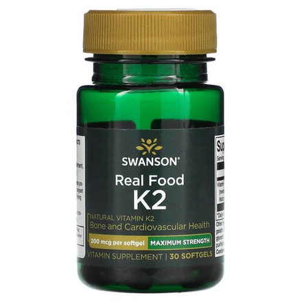 Swanson, Maximum Strength, Real Food K2, 200 мкг, 30 мягких таблеток