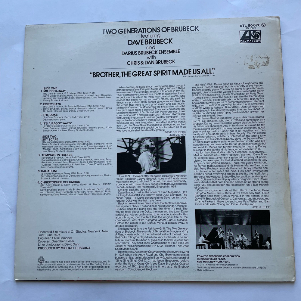 Винтажная виниловая пластинка LP Dave Brubeck and Darius Brubeck Ensemble with Chris and Dan Brubeck, Two Generations Of Brubeck ("Brother, The Great Spirit Made Us All.") (Германия 1974)