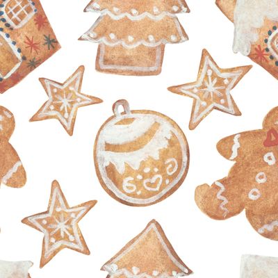 Watercolor hand painted winter holiday sweet seamless pattern with orange gingerbread man, house, christmas tree, ball and star cookies with glaze isolated on the white background for new year print