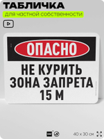 Табличка для частной территории "Опасно, не курить, зона запрета 15 м", на дом, для участка и организаций, предупреждающая, 40х30 см, Silver Plane x Айдентика Технолоджи
