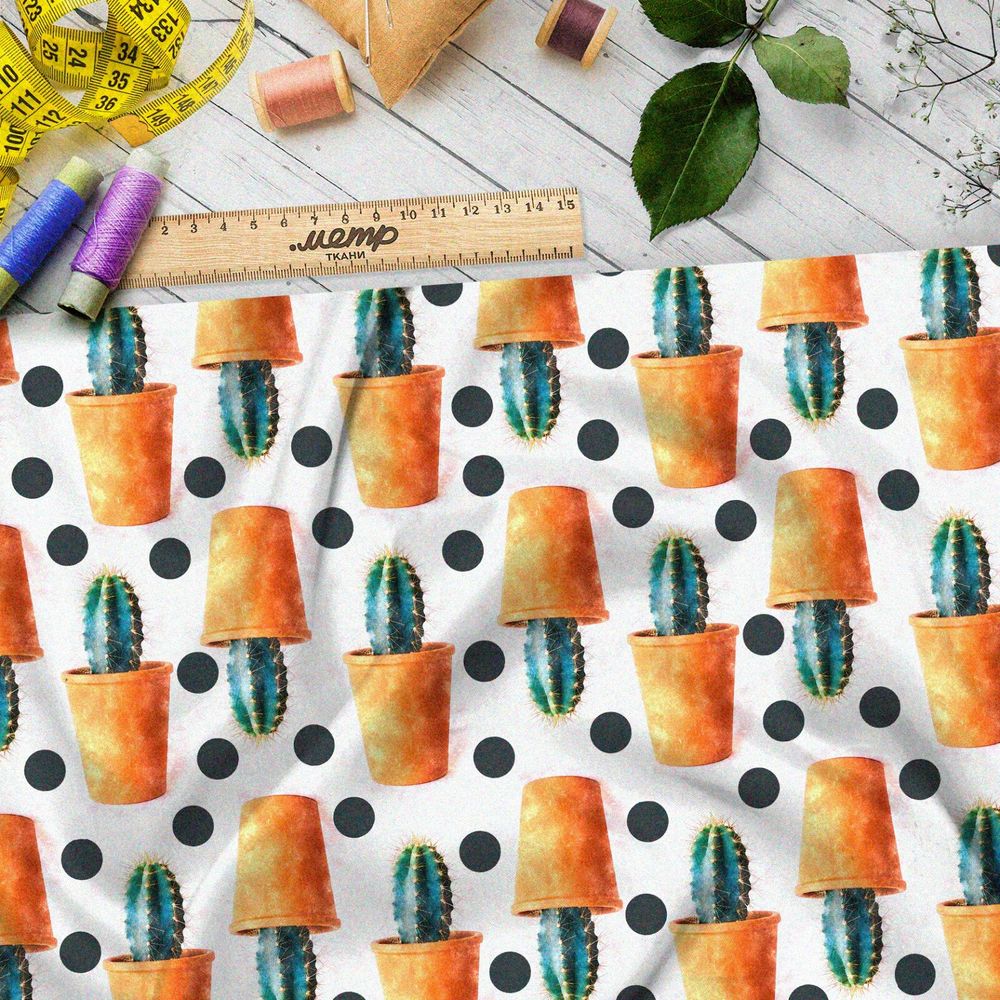 Ткань саржа кактусы в горшках на белом в горошек фоне