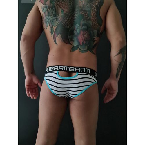 Мужские трусы слипы белые в черную полоску с вырезами Van Baam 48132