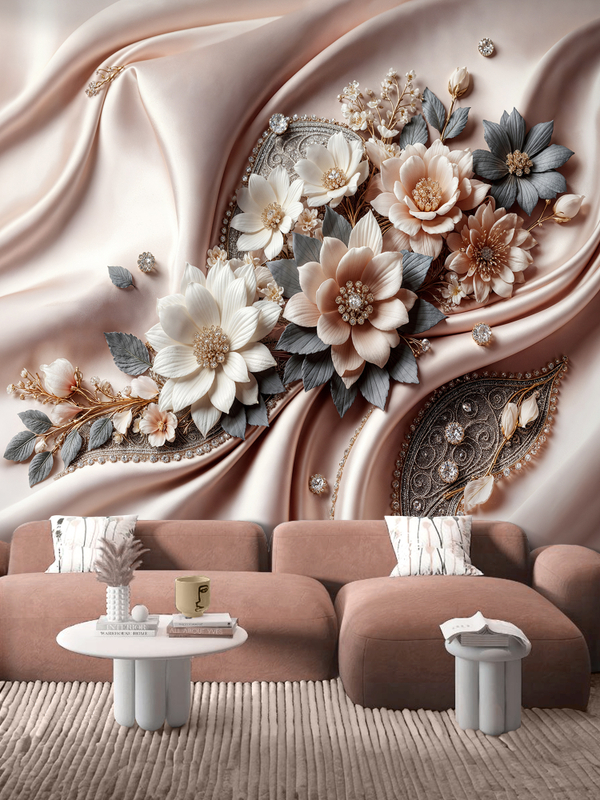 3D фотообои цветы на бежевом шелке