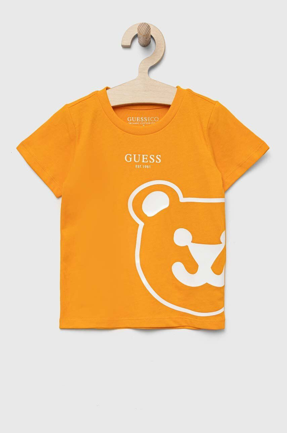 Футболка GUESS Оранжевый/Термопринт: белая голова мишки, логотип (Мальчик)