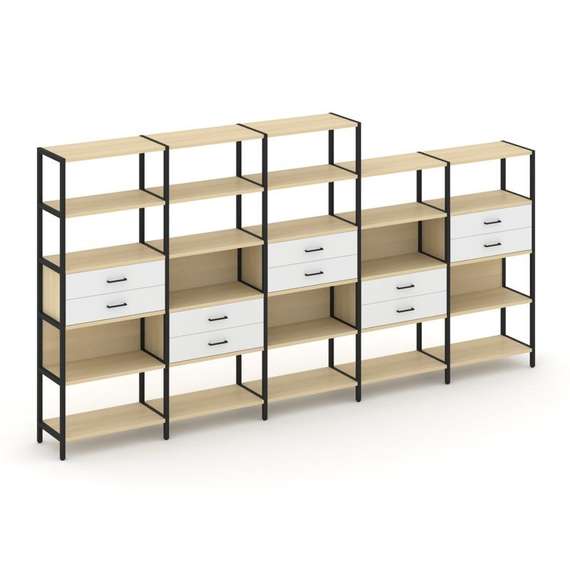 Shelf System Пятисекционный стеллаж пятиярусный с ящиками SN.STM-551 Акация Лорка/Белый/Металл Черны