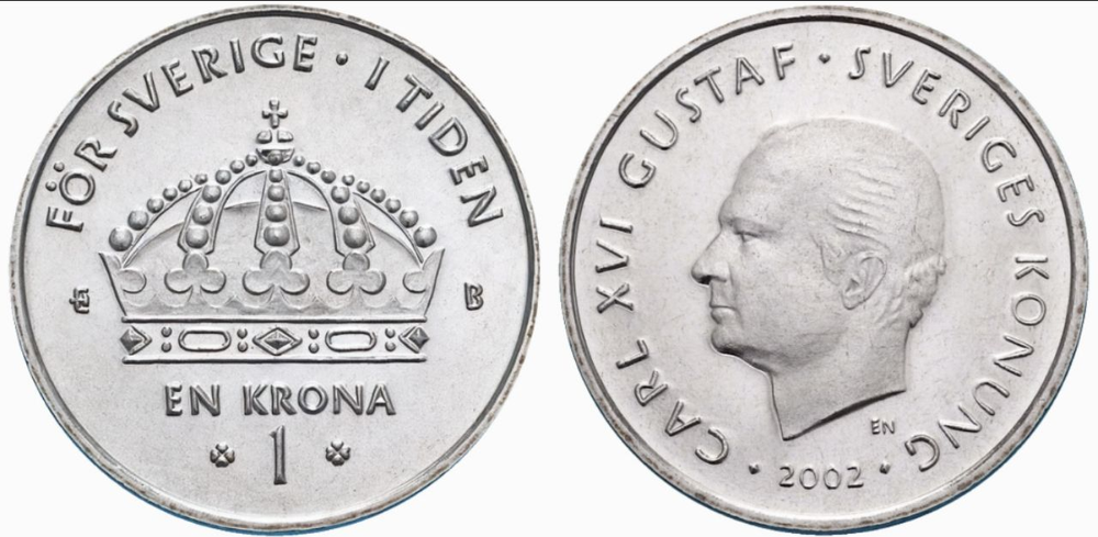 Швеция 1 крона, 2002 Король Карл XVI Густав аUNC