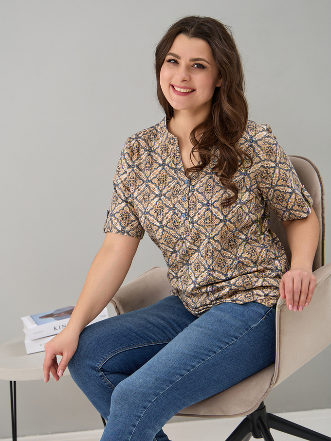 Блузка БЛ-122/орнаментиндиго-бежевый