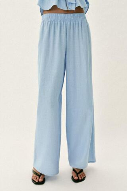 ZARA БРЮКИ ШИРОКОГО КРОЯ ИЗ ЛЬНА, ГОЛУБОЙ