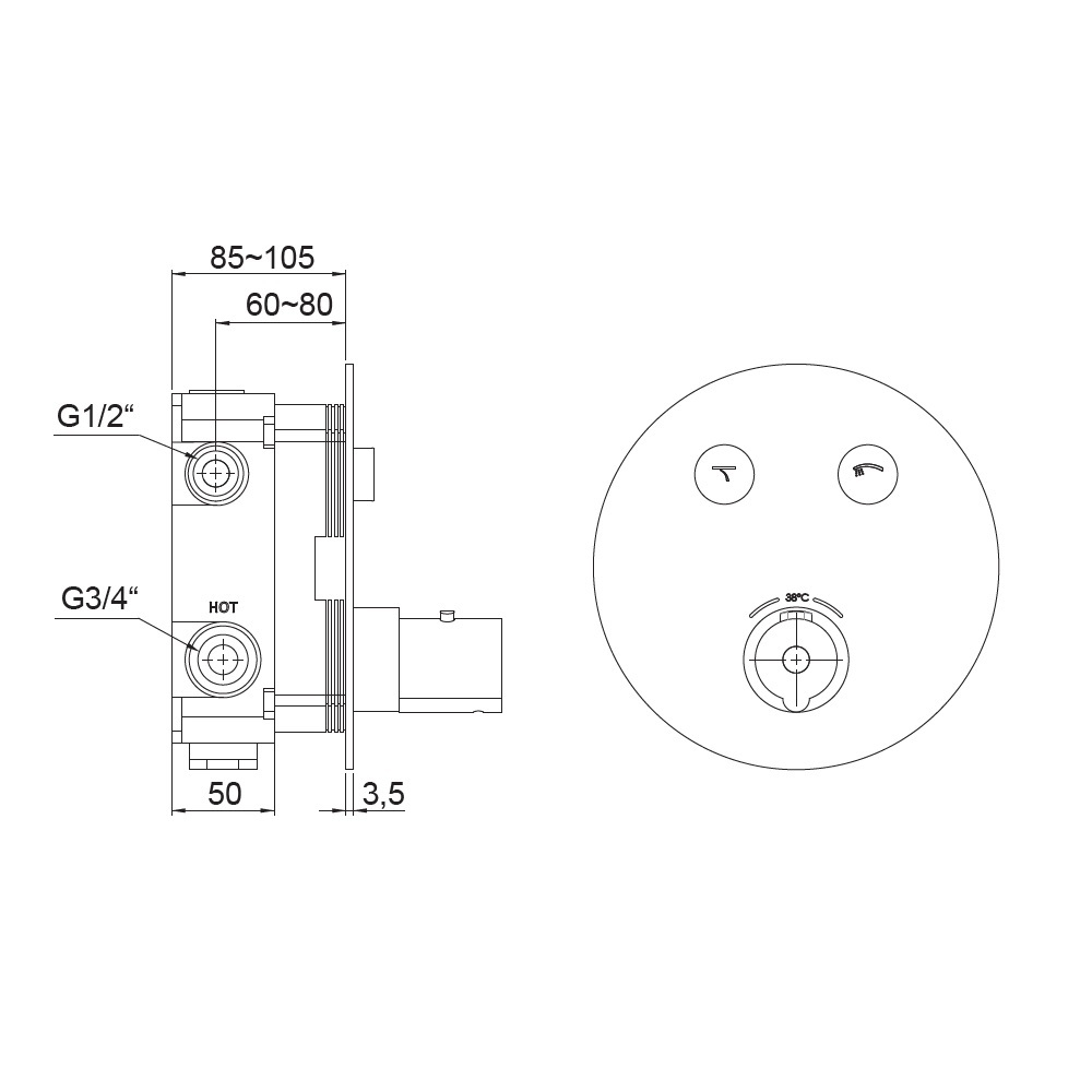 Термостатический смеситель Steinberg 390 встраиваемый с кнопками переключения на 2 потребителя, с регулировкой температуры воды, хром 390 4321
